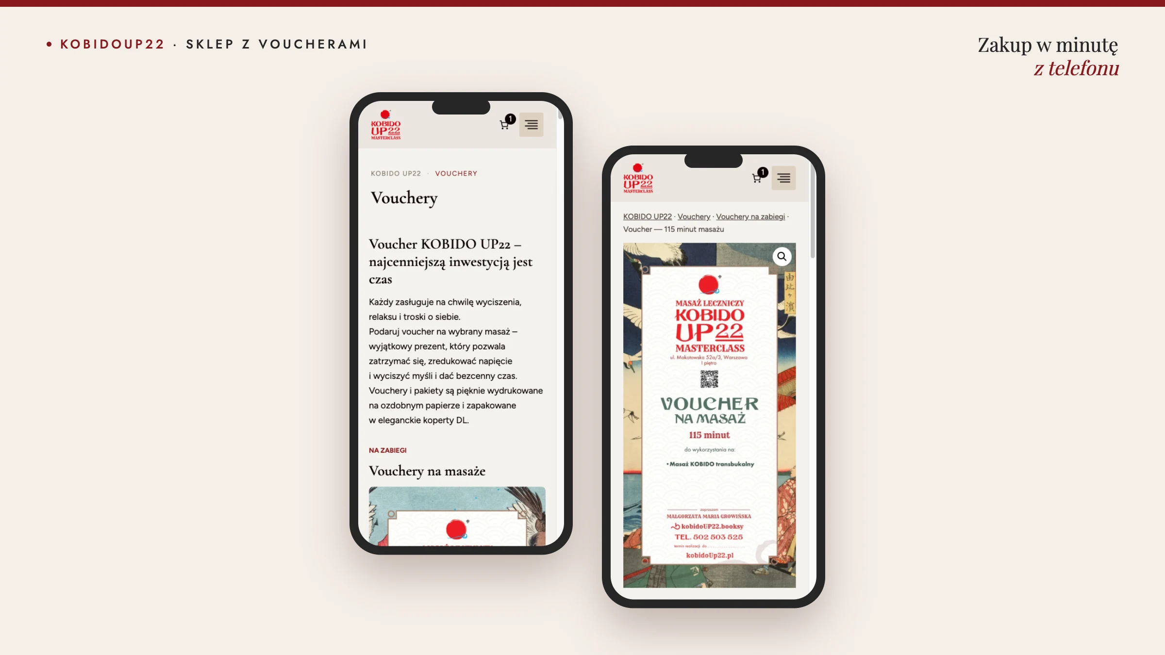 Sklep KobidoUp22 na telefonie — strona Vouchery i karta produktu