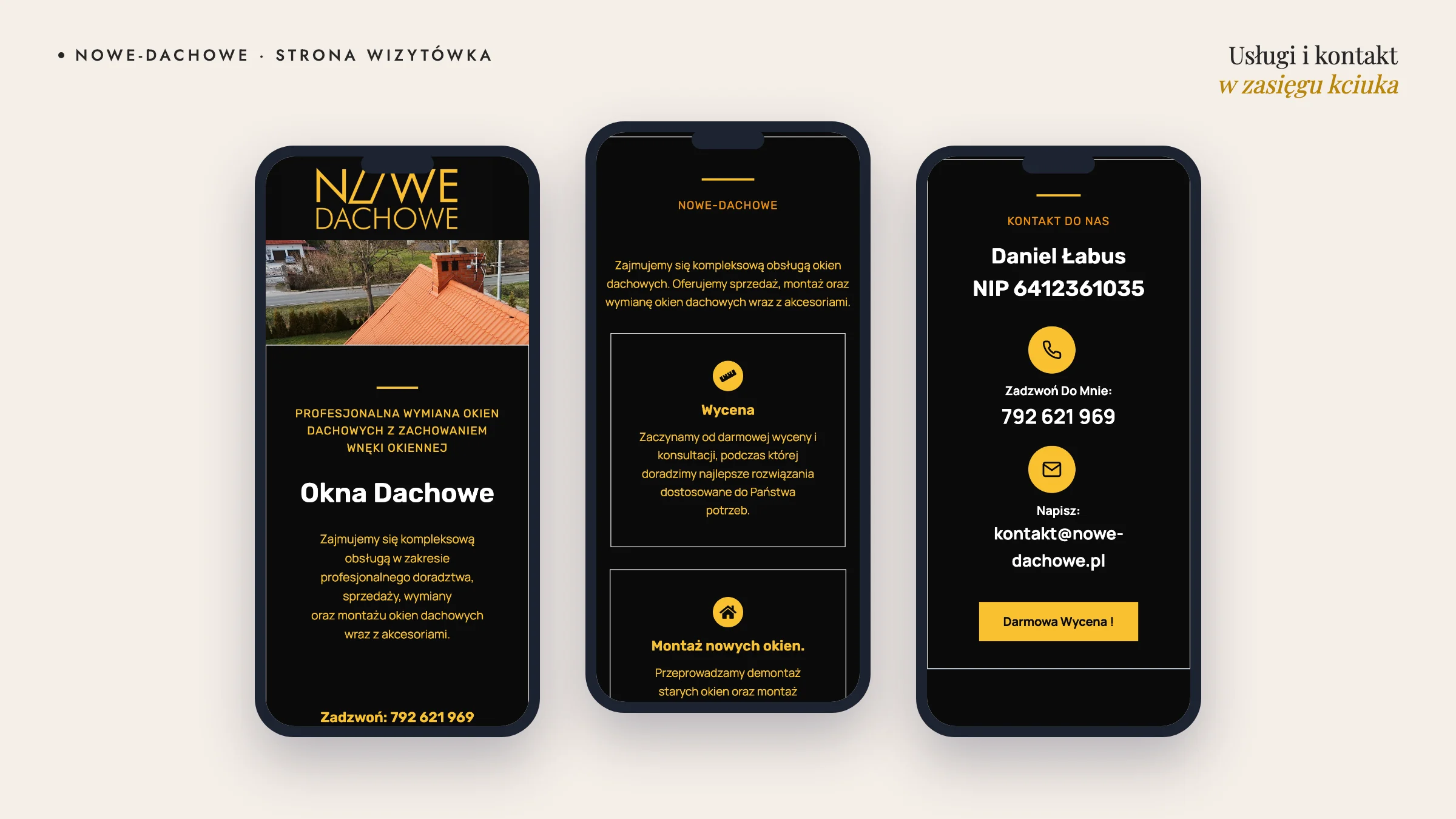 Strona Nowe-Dachowe na telefonie — pierwszy ekran, usługi (wycena, montaż, serwis) i kontakt z przyciskiem Darmowa wycena